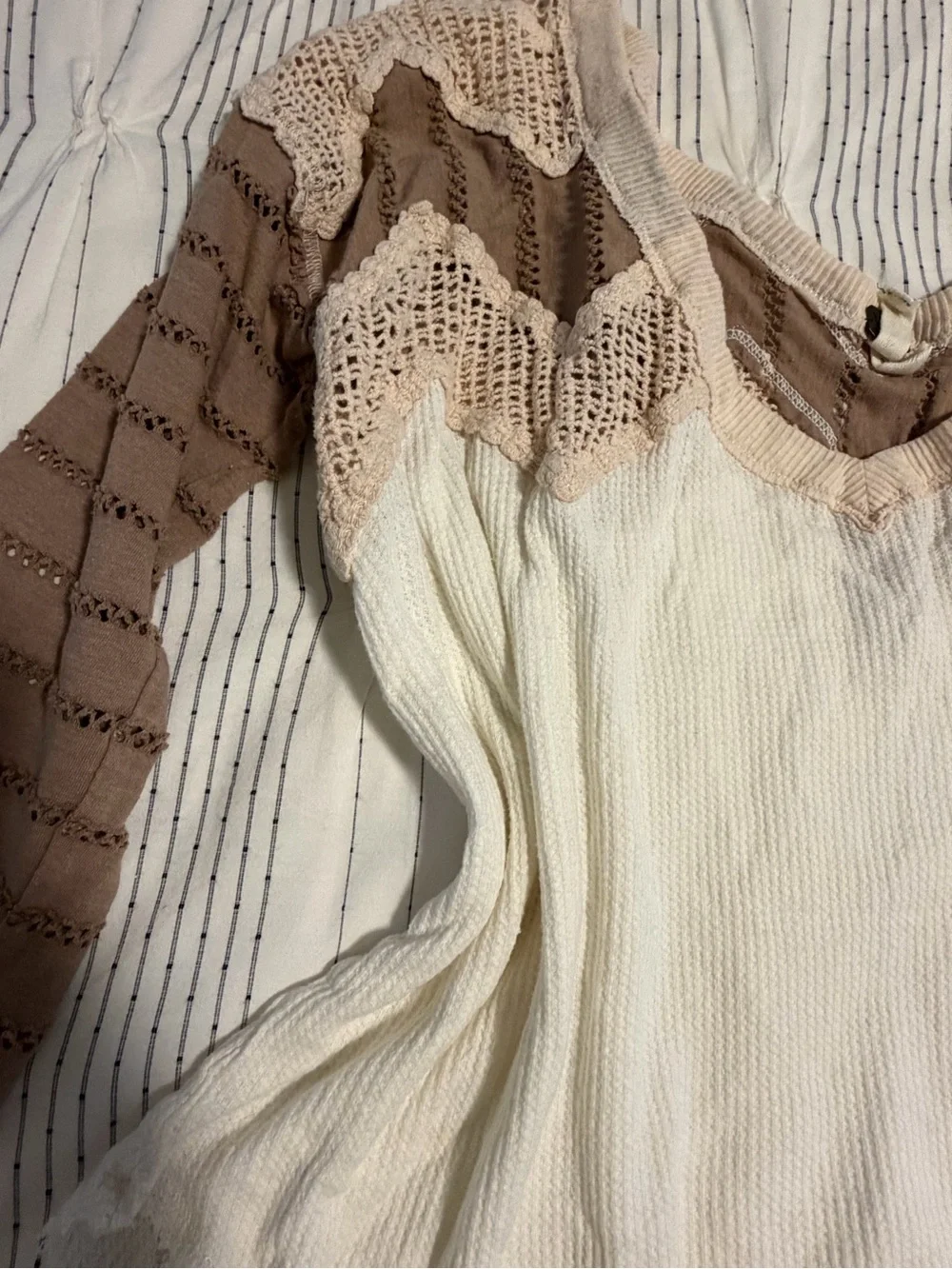 Free People Cream Ribbed 3/4 Sleeve Tee with Taupe Crochet Yoke